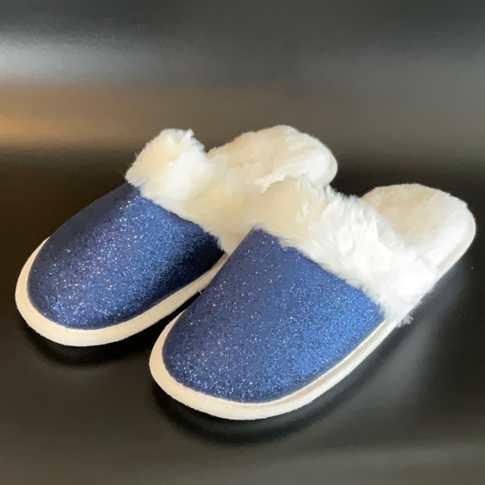 Blue glitter white faux fur slipper